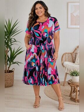 Torrid Super Soft Jersey Midi Dress Size Large Pink Abstract Floral Short Sleeve